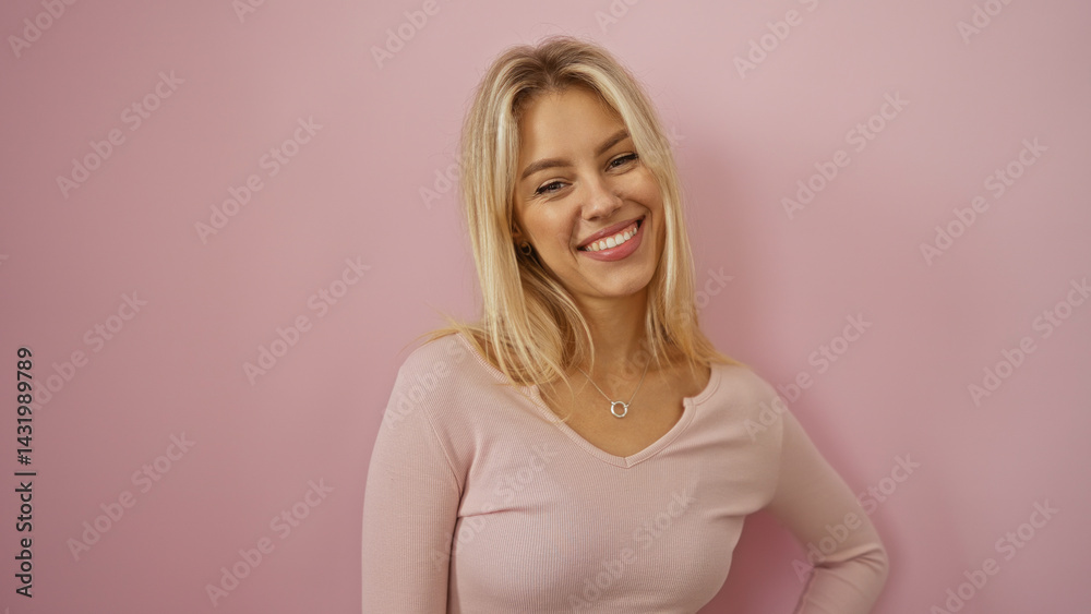 Woman smiling confidently in casual pink sweater against isolated pink wall, showcasing beauty and style.
