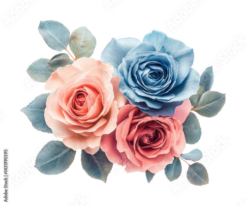 Fototapeta Naklejka Na Ścianę i Meble -  Captivating floral arrangement of pink and blue roses nature still life isolated on transparent background