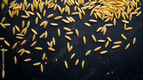 A minimalist and artistic depiction of orzo pasta scattered evenly across a matte dark surface, each rice-shaped grain distinct and well-defined.