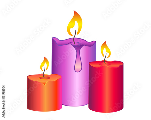 Candle. Romantic red and purple Candles. Three bright, shining, burning candles - vector full color illustration. Cozy live fire.	