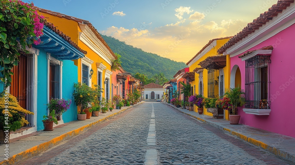 Fototapeta premium Vibrant Colonial Street in Colorful Town, Sunset Hues