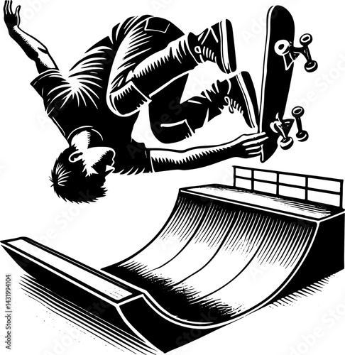 Skateboarder Performing A Spin Trick On A Vert Ramp, Black And White Skateboard Silhouette 