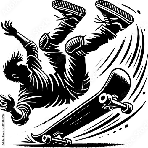 Skateboarder Bailing While Trying To Do A Trick, Black And White Skateboard Silhouette