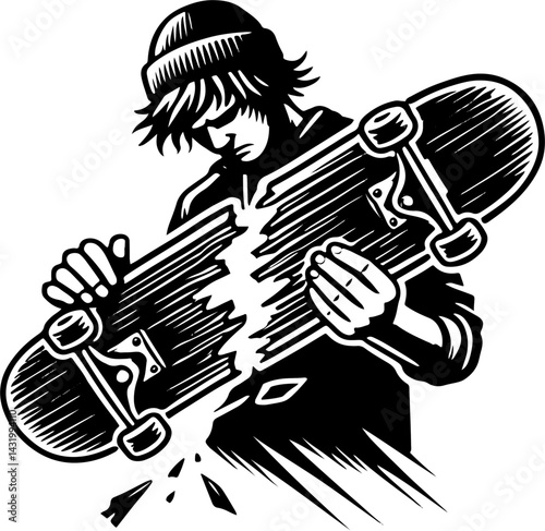 Skateboarder Looking At His Broken Board, Black And White Skateboard Silhouette 