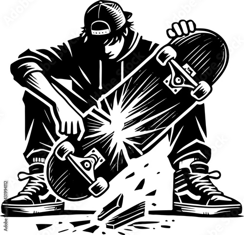 Skateboarder With A Broken Skate Board, Black And White Skateboard Silhouette 