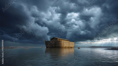 Noah’s Ark floating on floodwaters, surrounded by storm clouds.