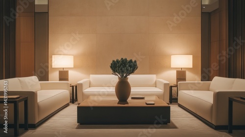 Luxurious hotel lobby lounge with sofas, low light