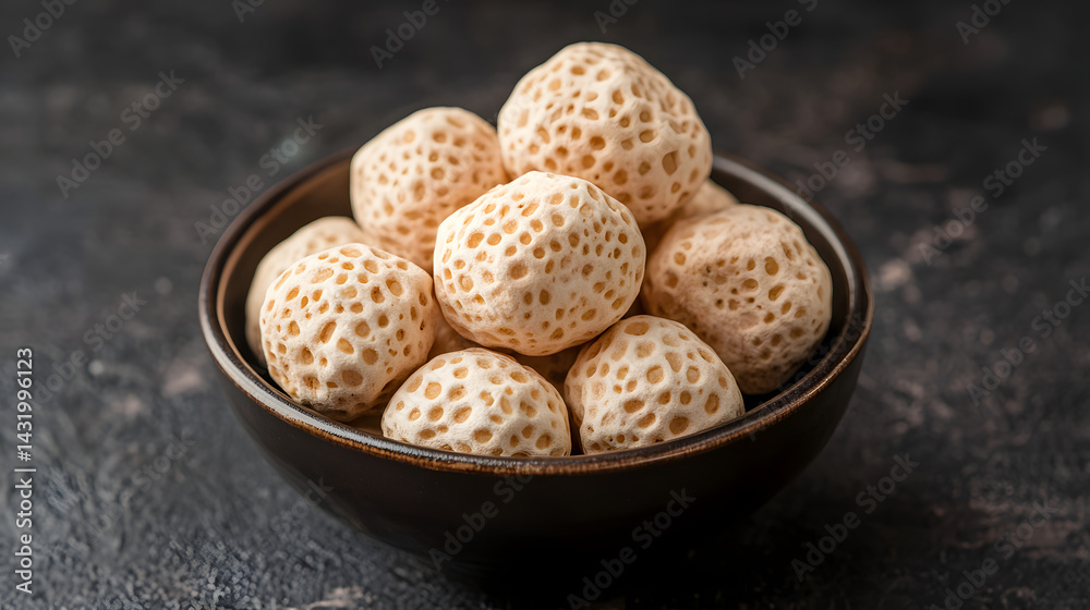 Whole Makhana nuts, beige and lightly textured, arranged neatly on a dark surface to emphasize their natural form and crisp, healthy appearance. Whole Makhana nuts, beige and lightly textured, arranged neatly on a dark surface to emphasize their natural form and crisp, healthy appearance.