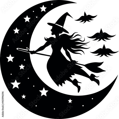 Witch Silhouette Flying Past Moon