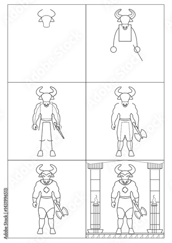 Step-by-step tutorial on how to draw a minotaur in a cave. online art tutorial, comic book character. lessons for beginners, cartoon instructions. Greek myth, the labyrinth of the minotaur