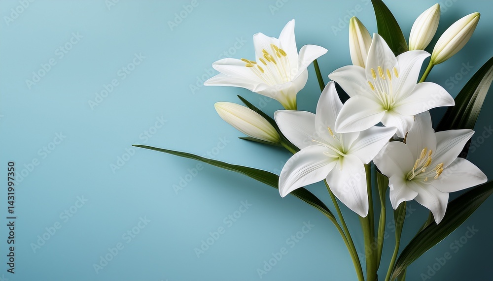 Fototapeta premium beautiful white flowers of eucharis amazonian lily on a light blue background