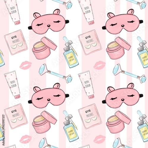 Cute seamless pattern with sleeping mask, skincare jar, beauty roller, and eye patches on a pink striped background. Soft girly pastel aesthetic for cosmetic branding and surface design