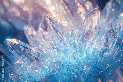 A mesmerizing cluster of blue ice crystals, sparkling and reflecting light, showcasing intricate facets and frosty textures.