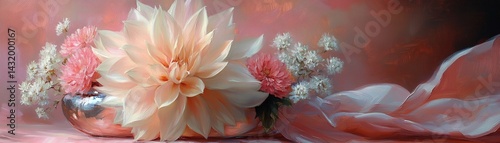 A close-up shot of beautiful flowers in soft shades of pink, gracefully arranged in a decorative bowl
