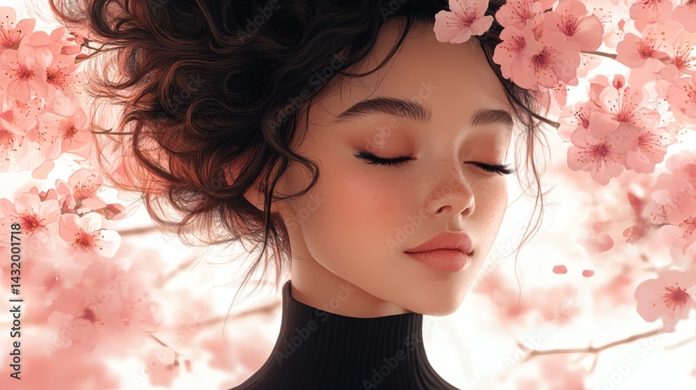 Fototapeta premium Serene beauty surrounded by cherry blossoms. A young woman with dark curly hair and closed eyes, evokes tranquility and peace.