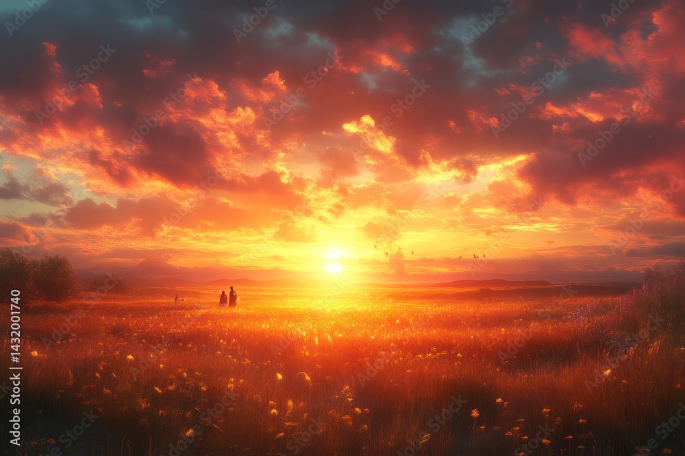 Fototapeta premium Golden Sunset Over a Serene Landscape with Silhouetted Figures and Vibrant Clouds