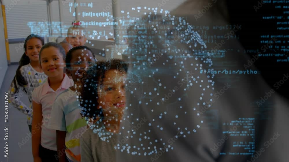 Elementary students standing in school corridor exploring holographic code snippets and particles