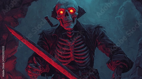 Cursed pirate with glowing red eyes haunted cave fantasy art dark atmosphere dramatic angle