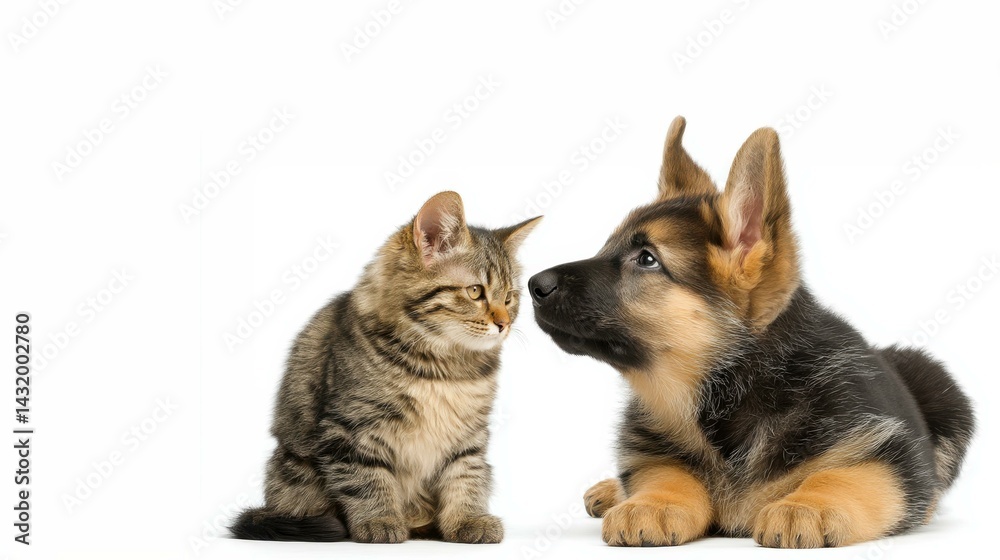 Obraz premium Young German Shepherd Puppy and Tabby Kitten Face to Face on White Background, Isolated