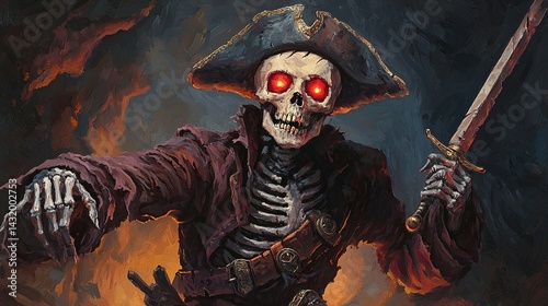 Cursed pirate with glowing red eyes haunts the dark seas fantasy artwork eerie atmosphere dramatic perspective