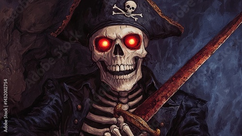 Cursed pirate awakens with glowing red eyes haunted cove digital artwork dark fantasy close-up eerie legend