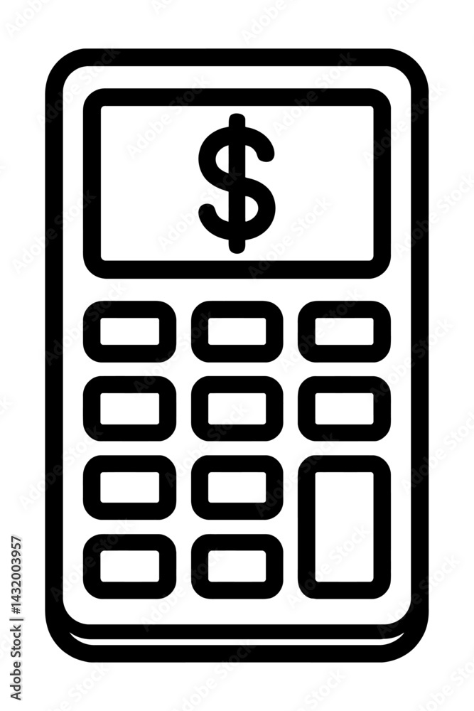 Vector line illustration of a calculator with a dollar sign on the display in black and white. Represents financial calculations and budgeting. Vector line illustration of a calculator with a dollar sign on the display in black and white. Represents financial calculations and budgeting.