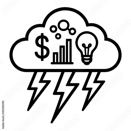Vector line illustration of a cloud containing a dollar sign, bar graph, light bulb, and circles, with lightning bolts striking down in black and white. Represents sudden financial events or bursts of
