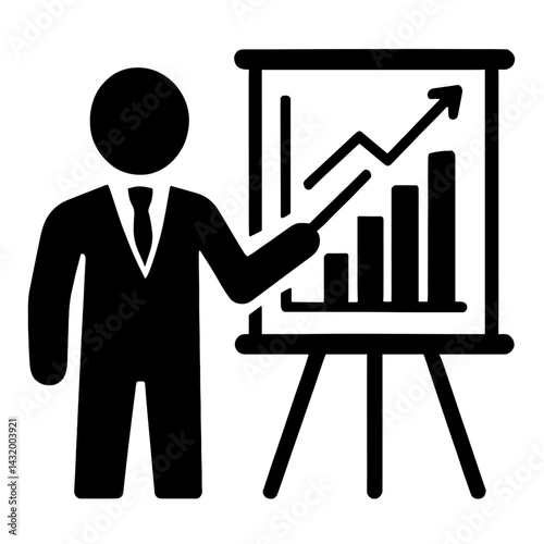 Vector silhouette illustration of a person in a suit presenting a chart with upward-trending bar and line graphs. Represents business presentation and positive results.