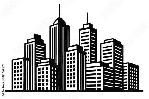 Vector illustration of a city skyline with various skyscrapers and buildings in black and white. Represents urban landscape and metropolis.