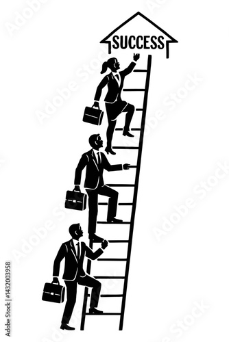 Vector illustration of three business professionals (men and woman) climbing a ladder towards a "SUCCESS" sign in black and white. Represents career advancement and ambition.