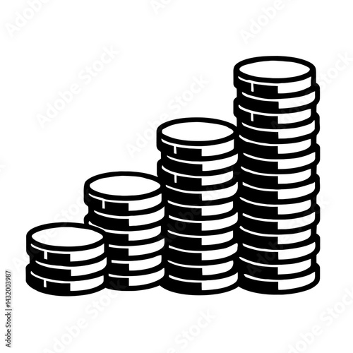 Vector illustration of four progressively taller stacks of coins in black and white. Represents financial growth and savings accumulation.