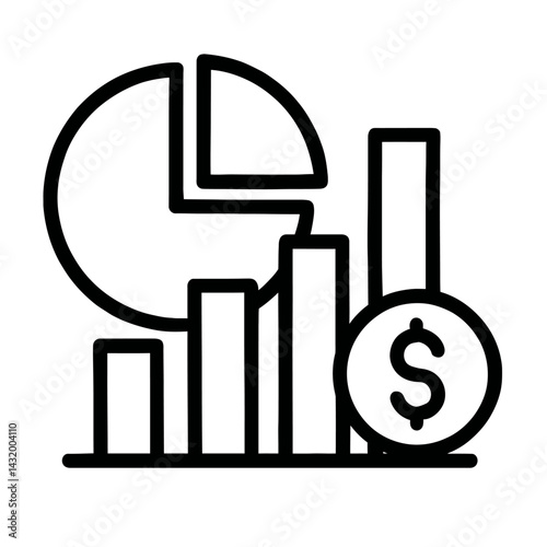 Vector line illustration of a pie chart with a missing segment, a bar graph with decreasing values, and a dollar coin in black and white. Represents financial loss and negative trends.