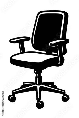 Vector illustration of an office chair with armrests and wheels in black and white. Represents workplace furniture and comfortable seating.