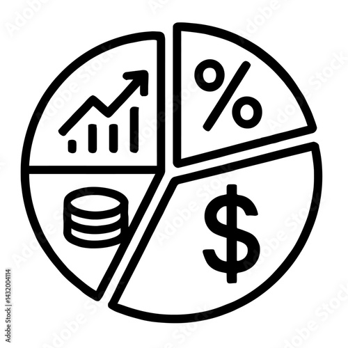 Vector line illustration of a pie chart divided into segments with financial icons (growth chart, percentage, dollar sign, coins) in black and white. Represents financial analysis and profit margin.
