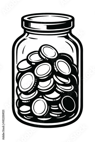 Vector illustration of a glass jar filled with coins in black and white. Represents savings and accumulation of money.