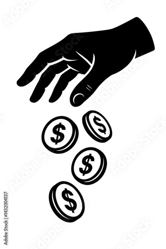 Vector silhouette illustration of a hand dropping several coins with dollar signs. Represents spending money or distributing funds.