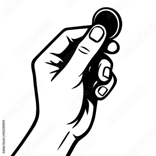 Vector illustration of a hand holding a coin between the thumb and index finger in black and white. Represents handling money or making a payment.
