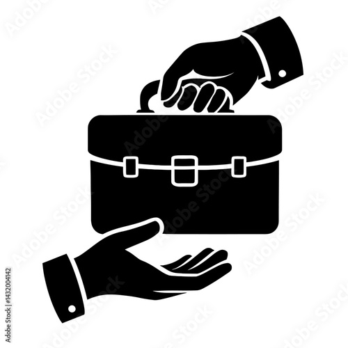 Vector silhouette illustration of two hands exchanging a briefcase. Represents business exchange, transfer of goods, or offering a product.