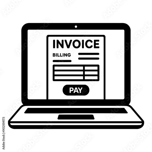 Vector line illustration of a laptop displaying an online invoice with a pay button in black and white. Represents digital billing and online payment.