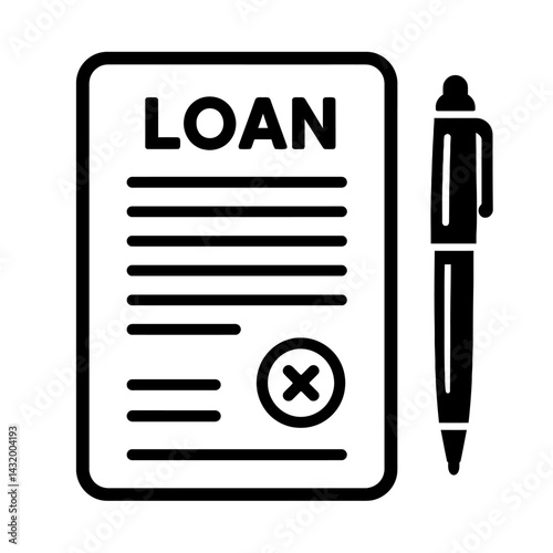 Vector illustration of a loan document with an "X" mark and a pen in black and white. Represents rejected loan application or agreement denial.