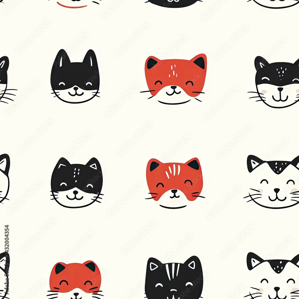 Obraz premium Adorable Cartoon Cats Seamless Pattern: Red and Black Kitty Faces on White Background for Kids Fabric, Wallpaper, or Textile Design