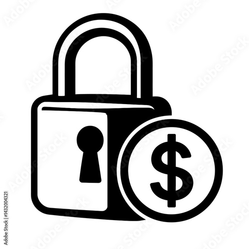 Vector illustration of a padlock next to a coin with a dollar sign in black and white. Represents financial security, protected wealth, and secured investment.