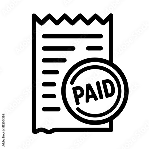 Vector illustration of a receipt with a "PAID" stamp in black and white. Represents completed payment, settled account, and transaction confirmation.