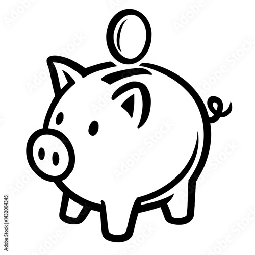 Vector illustration of a piggy bank with three coins being dropped into its slot in black and white. Represents saving money, finance, and future investment.