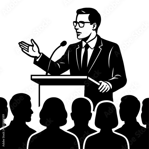 Vector illustration of a man in a suit giving a speech or presentation at a podium with microphones to an audience in black and white. Represents public speaking, conference, and communication.