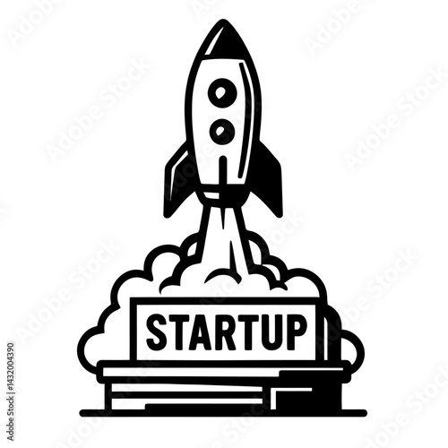 Vector illustration of a rocket launching upwards from a platform with the word "STARTUP" in black and white. Represents new business launch, rapid growth, and innovation.