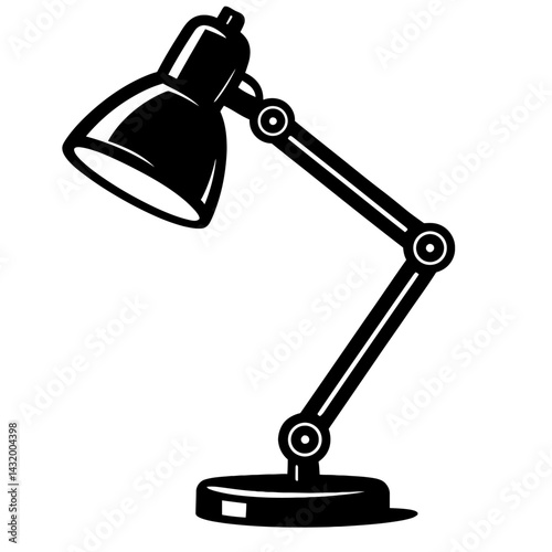 Vector illustration of an adjustable desk lamp with articulated arm and shade in black and white. Represents lighting, study, and work.