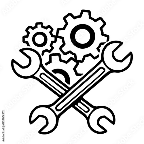 Vector illustration of two crossed wrenches with three gears behind them in black and white. Represents tools, repair, and mechanics.