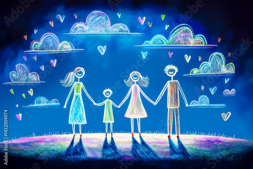 Family Holding Hands Under the Night Sky with Iridescent Clouds and Hearts - Crayon Style Illustration