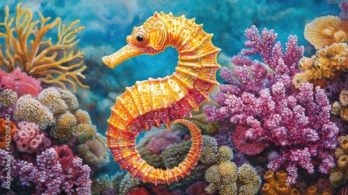 Delicate seahorse amid vibrant coral reef underwater scene marine life colorful environment close-up perspective